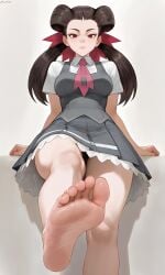 1girl 1girls ai_generated bare_feet bare_legs bare_thighs barefoot brown_hair curvy curvy_figure feet foot foot_fetish foot_focus foot_play grey_dress hair_bow looking_at_viewer looking_down looking_down_at_viewer milf pink_eyes pokemon pokemon_oras pokemon_rse pov red_bow red_hair_bow red_tie roxanne_(pokemon) sole_female soles soles_feet soles_fetish soles_focus soles_up solo solo_female solo_focus toes white_shirt