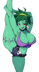1girls big_breasts black_shorts bottomwear breasts cleavage ear_piercing earrings feet female female_focus green_body green_hair green_skin half-closed_eyes huge_breasts jrpuls3 leg_lift leg_up one_leg_raised one_leg_up purple_tank_top raised_leg red_eyes rottytops shantae short_shorts shorts skull_earrings smile solo_focus steam sweat sweatdrop tank_top thighs topwear zombie zombie_girl