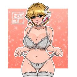 ass_visible_through_thighs blonde_hair bra breasts choker cleavage fiora_(xenoblade) green_eyes headgear jayladair lingerie panty_pull short_hair thighhighs thighs xenoblade_(series) xenoblade_chronicles