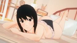 1girls ass bed bedroom black_eyes black_hair koikatsu laying_on_bed naruto_(series) panties perfect_idiot shizune smile topless