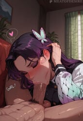 1boy 1girl ai_generated black_hair blowjob bluesky_username blush closed_eyes cock instagram kimetsu_no_yaiba kochou_kanae makeup meatofdesire multicolored_hair patreon purple_hair stable_diffusion sucking sucking_penis twitter