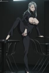 1girl ai_generated black_footwear black_pants breasts breasts_out brown_eyes censored digitalwaifugallery earrings full_body grey_hair hair_over_one_eye hi_res high_heels high_quality high_resolution indoors jewelry large_breasts leg_up long_hair long_sleeves looking_at_viewer mosaic_censoring nipples pants patreon persona pussy sae_niijima seductive sexy solo spread_pussy standing standing_on_one_leg uncensored watermark