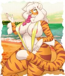 1girls absurd_res anthro areola_slip braid buxbi_(character) countershading dulce_ratoncita elbow_tufts female female_only fur furry furry_only huge_breasts looking_away orange_fur pantherine pink_highlights seaside sling_bikini solo solo_female striped_fur tail thick_thighs tiger tiger_ears tiger_tail white_hair yellow_eyes