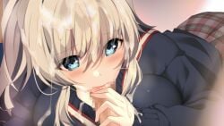 1boy 1girl black_sweater blonde_hair blue_eyes blush breasts censored cum cum_on_hair fellatio game_asset grace_thompson homestay_a_la_mode large_breasts mosaic_censoring oral plaid_clothes plaid_skirt pleated_skirt skirt solo_focus sweater tai_(nazutai)