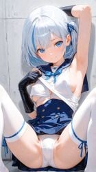 ai_generated armpit blue_eyes character_request hand_on_hair light-skinned_female light_blue_hair looking_at_viewer short_hair small_breasts smiling smiling_at_viewer stockings underwear visible_nipples