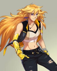 1girls blonde_female blonde_hair clothed_female long_hair long_hair_female purple_eyes ripped_pants robotic_arm rwby solo_female stomach yang_xiao_long