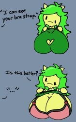 anthro arthropod asymmetrical_eyes big_breasts bra bra_strap bra_strap_is_showing_(meme) cleavage cleavage_cutout dialogue female female_only green_clothing green_hair green_skin green_sweater heart heart_symbol huge_breasts insect lifting_shirt louse pink_bra pink_clothing solo solo_focus spicyredacted spicysierra sweater sweater_lift text