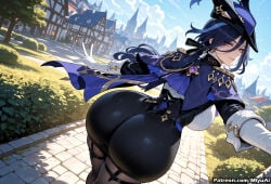 1girl ai_assisted ai_generated ass bangs blue_hair breasts capelet clorinde_(genshin_impact) curvaceous curvy curvy_female curvy_figure dutch_angle female genshin_impact gloves hat huge_ass jacket large_breasts long_hair long_sleeves looking_at_viewer looking_back miyuai mole ponytail purple_eyes skindentation smile solo thick thick_ass thick_butt thick_hips thick_legs thick_thighs thigh_strap thighhighs thighs voluptuous voluptuous_female wide_hips wide_thighs