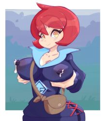 alternate_breast_size arezu_(pokemon) breast_grab breasts clothing erect_nipples erect_nipples_under_clothes game_freak kawaiihomeless lactation lactation_through_clothes large_breasts milk nintendo outdoors pokemon pokemon_legends:_arceus red_hair solo solo_female