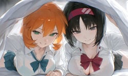 2girls ai_generated bangs bed black_clothes black_eyes black_hair black_skirt blanket blue_bow blue_bowtie blue_bra blue_neckwear blue_underwear blush bow bowtie bra bra_visible_through_clothes breasts busty cleavage clothing collared_shirt dress_shirt erika_(pokemon) female green_bra green_clothing green_eyes green_underwear grey_eyes grin hair_between_eyes hairband headwear indoors kasumi_(pokemon) landscape large_breasts long_sleeves looking_at_viewer lying miniskirt misty_(pokemon_hgss) multiple_girls neckwear on_stomach orange_hair pleated_skirt pokemon red_bow red_bowtie red_hairband red_neckwear school_uniform see-through shirt short_hair skirt smile under_covers underwear uniform white_shirt