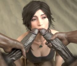 1girls 2boys 3d big_penis blender brown_hair cabezadeperro00 dark-skinned_male dark_skin double_fellatio huge_balls huge_penis imminent_oral imminent_sex interracial lara_croft light-skinned_female light_skin lips_on_penis male oral_invitation penis pov tomb_raider veiny_penis
