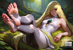 1girls ai_generated armpits ass bare_arms bare_shoulders blonde_hair blush breasts day dress feet foot_focus forest full_body gem green_eyes green_gemstone hair_over_one_eye leggings legs legs_up lips long_hair looking_at_viewer lusamine_(pokemon) lying medium_breasts nature no_shoes on_back outdoors philon pokemon sleeveless sleeveless_dress soles solo stable_diffusion stirrup_legwear toeless_legwear toes tree very_long_hair white_dress