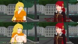 2girls blonde_female blonde_hair breasts clothed_female green_eyes lifting_shirt long_hair long_hair_female pierced_nipples purple_eyes pyrrha_nikos red_hair red_hair_female rwby showing_breasts theblackbirdcalls yang_xiao_long