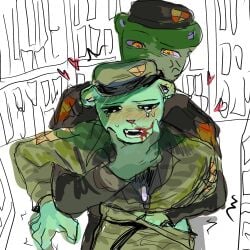 1:1 2026 2boys anthro anthro_on_anthro anthro_only bear bear_ears blood blood_on_face blush blushing camouflage clothed clothed_male clothes clothing color colored crying digital_drawing_(artwork) digital_media_(artwork) dog_tags duo flippy_(htf) fliqpy furry furry_male furry_only gay gay_male green_body green_fur hand_in_pants hand_on_penis happy_tree_friends hat heart heart_symbol hearts hi_res high_resolution highres male male/male male_anthro male_only mammal military_jacket military_uniform mondo_media no_humans no_visible_genitalia selfcest shaking tearing_up tears touching_penis ursid ursine yellow_eyes