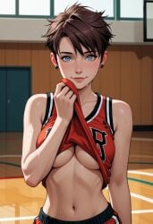 1girls ai_generated basketball_court blue_eyes brown_hair female female_only lifting_shirt marvel mayday_parker navel no_bra solo solo_female spider-girl spider-man_(series) sportswear superhero superheroine sweat sweatdrop sweating sweaty sweaty_body tomboy toned toned_female underboob