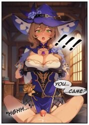 ai_generated big_ass big_breasts brown_hair cfnm cleavage clothed_female_nude_male comic english_text genshin_impact gloves green_eyes humiliation lisa_(genshin_impact) lisa_minci parody pitiful_ejaculation pov premature_ejaculation premature_ejaculation_shaming small_penis small_penis_humiliation speech_bubble sph teasing text weak_ejaculation