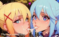 2girls ai_generated aqua_(konosuba) ass ass_focus ass_grab big_ass big_breasts blue_eyes blue_hair breast_grab breasts completely_nude cum cum_in_mouth cum_on_face cute cute_face darkness_(konosuba) female female_focus kono_subarashii_sekai_ni_shukufuku_wo! light-skinned_female light_skin looking_at_viewer multiple_females multiple_girls open_mouth pussy pussy_juice sexy sexy_body sexy_female sexy_pose yellow_hair younger_female