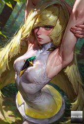 1girls ai_generated armpits arms_up blonde_hair blush breasts dress forest green_eyes hair_over_one_eye lips long_hair looking_at_viewer lusamine_(pokemon) medium_breasts mole nature outdoors philon pokemon short_dress sleeveless sleeveless_dress solo stable_diffusion sweat very_long_hair white_dress
