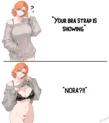 1girls ? ai_generated bra bra_strap bra_strap_is_showing_(meme) confused female female_only heart-shaped_pubic_hair heart_shaped_pubes kizirugai large_breasts lifting_own_clothes meme naughty_face no_panties nora_valkyrie off_shoulder pussy rwby seductive_smile shaped_pubic_hair sweater tagme