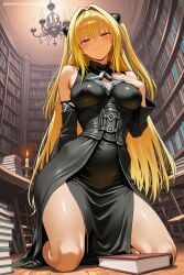 1girl ai_generated bangs bare_shoulders black_dress blonde_hair blush book bookshelf breasts detached_sleeves dress hair_intakes hand_on_own_chest hi_res high_quality high_resolution indoors konjiki_no_yami large_breasts long_hair looking_at_viewer patreon red_eyes savvyraexo seductive sexy shiny smile solo two_side_up uncensored very_long_hair watermark