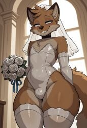 1boy ai_generated balthazar_(suitedwolf) bouquet bride bulge femboy femboy_bride furry gay grin highres kovasfox looking_at_viewer male_bride solo thick_thighs wide_hips