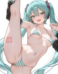 ai_generated bikini green_eyes hatsune_miku leg_up long_hair pigtails smiling_at_viewer vocaloid