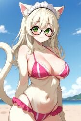 1girl adorable animal_ears beach belly belly_button bikini bikini_bottom bikini_top blush cat_ears cat_girl cleavage curvy day frilled_bikini furry glasses green_eyes hands_behind_head headband jeshua_58 lace_trim large_breasts long_hair looking_at_viewer maid_headdress navel oc ocean original original_character pink_bikini sand seaside sky smile solo standing striped_bikini summer sweat tail white_hair
