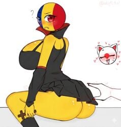 black_socks blue_eye cat_ears crucifix japan_(countryhumans) kak0yt0_chel_style red_eye red_fingernails romania_(countryhumans) vampire_costume vampire_fangs vampire_girl white_hand yellow_ass