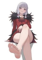 1girl absurdres agria_(tales) barefoot blunt_bangs blush commission crossed_legs dorahd01 feet foot_focus freckles fur_trim hair_rings highres long_hair looking_at_viewer low-tied_sidelocks parted_lips purple_eyes sidelocks simple_background sitting smile solo tales_of_(series) tales_of_xillia toes white_background white_hair