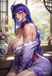 1girls ai_assisted ai_generated big_ass big_breasts genshin_impact inazuma_girls japanese_clothes japanese_female oiled_skin pose purple_eyes purple_hair raiden_shogun sexy tits waifu waifu_diffusion wet_skin