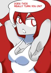 1girl 1girls armpits artist_request kink_shaming overly_sarcastic_productions red_(overly_sarcastic_productions) red_eyes red_hair sideboob solo solo_focus speech speech_bubble sweat sweatdrop sweating youtube youtuber