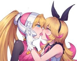 alternate_version_available azure_striker_gunvolt azure_striker_gunvolt_2 blonde_hair blue_eyes bow ciel_(mega_man) clothed commission french_kiss french_kissing hand_on_cheek helmet kiauwrenn kissing mega_man mega_man_zero pantera_(gunvolt) pink_eyes small_breasts yuri zonda_(gunvolt)