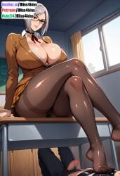 1boy 1girl ai_generated anime_girl bliss4kiss brown_jacket brown_thighhighs detailed_skin dominant_female domination erotic_art explicit_anime glasses highres large_breasts nsfw_content open_blouse prison_school rule34_style seductive_pose silver_hair sitting_on_desk teasing_pose voluptuous_figure