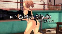 3d 3d_(artwork) brown_hair calvin_klein gym gym_clothes haru_okumura kneeling koikatsu looking_back persona_5 ponytail render sweat title_card