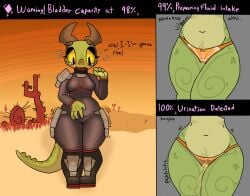 amber_(squablodecomplash) anthro armor belly belly_bulge_grab black_clothing bladder_bulge bodily_fluids bulge cactus clothing crying desert digital_media_(artwork) english_text female freckles genital_fluids green_body green_scales hand_on_stomach head_markings horn horn_markings kobold machine markings multicolored_body multicolored_scales nakey_(squablodecomplash) navel omorashi open_mouth orange_clothing orange_pattern orange_underwear outside peeing plant power_armor red_clothing scales scalie solo squablodecomplash stomach_bulge story story_at_source story_in_description tail_markings tears text two_tone_body two_tone_scales underwear urine watersports wet wet_clothing wetting yellow_eyes