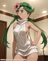 1girl ai_generated aianoart ass_visible_through_thighs blush breasts closed_mouth cowboy_shot dark-skinned_female dark_skin flower green_eyes green_hair hair_flower hair_ornament hand_on_hip indoors long_hair mallow_(pokemon) medium_breasts meme_attire naked_sweater pokemon sideboob smile solo sweater swept_bangs turtleneck turtleneck_sweater twintails virgin_killer_sweater