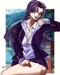 1girl armband ass belt breasts commentary crossed_arms east_asian elbow_gloves energy_sword female female_only gloves hair_between_eyes highres inkerton-kun large_breasts leotard lipstick long_hair looking_at_viewer looking_back makeup marvel marvel_vs._capcom ninja psylocke purple_eyes purple_hair purple_lips sword thigh_strap thighs weapon x-men yaki_chun