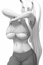 1girls bushu_(lvl) clothing female female_only hi_res high_ponytail looking_away lvl monochrome oni oni_horns original original_character pointy_ears ponytail solo solo_female underboob undressing very_long_hair white_background white_hair