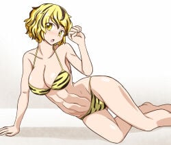 1girl 1girls abs animal_print animal_print_bikini arm_support ass_visible_from_the_front ass_visible_through_thighs belly belly_button big_breasts bikini bikini_bottom bikini_top black_bikini black_hair blonde_hair blush blushing blushing_at_viewer breasts cleavage collarbone female_focus female_only igu_(103milk) large_breasts laying_down laying_on_side light_blush looking_at_viewer lying lying_on_side missing_headwear multicolored_bikini multicolored_hair muscular_female navel open_mouth paw_pose sole_female solo solo_female stomach streaked_hair striped_bikini swimsuit swimwear thighs tiger_girl tiger_print tiger_print_bikini toned toned_body toned_female toramaru_shou touhou wide_hips yellow_bikini