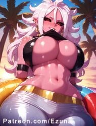ai_generated android_21 big_ass big_breasts big_butt big_thighs blush colored_skin dragon_ball ezuna huge_ass huge_breasts huge_butt huge_thighs majin_android_21 pink_skin red_eyes shirt_lift wanuze white_hair wide_hips