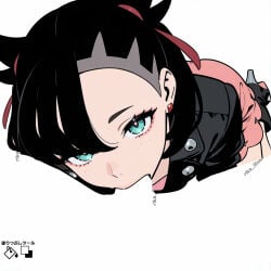 ai_generated blowjob blowjob_face deepthroat deepthroat_no_hands doggy_style green_eyes looking_at_viewer marnie_(pokemon) pokemon