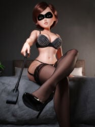 1girl ai_generated bdsm bedroom black_lingerie black_stockings disney dominant dominant_female dominatrix domino_mask elastigirl female femdom footwear_fetish helen_parr high_heels high_heels_focus holding_whip legs_crossed lingerie looking_at_viewer low_angle mask milf pixar pov solo_female tagme the_incredibles thighhighs