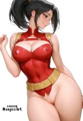 1girl ai_generated artist_name bare_shoulders belt black_eyes black_hair boku_no_hero_academia bottomless breasts cleavage cleft_of_venus closed_mouth covered_navel covered_nipples cowboy_shot hand_up large_breasts leotard long_hair looking_away looking_to_the_side momo_yaoyorozu my_hero_academia nuageeart ponytail pussy questionable simple_background smile solo thighs uncensored white_background yaoyorozu_momo