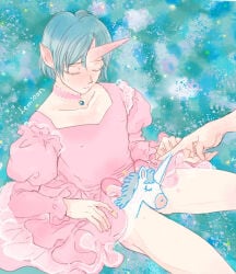 1boy 1other artist_name blue_hair brooch censored choker closed_eyes clothes_lift collarbone commentary_request covered_nipples crossdressing crossdressing_(mtf) dress dress_lift frilled_sleeves frills from_above green_background horns invisible_floor jewelry juliet_sleeves lemicon lifting_own_clothes long_sleeves novelty_censor original penis pink_choker pink_dress pointing pointing_at_penis pointy_ears puffy_sleeves short_hair single_horn sitting small_sweatdrop unicorn unicorn_horn