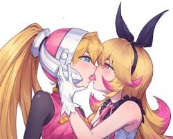 alternate_version_available azure_striker_gunvolt azure_striker_gunvolt_2 blonde_hair blue_eyes bow ciel_(mega_man) clothed commission drool drooling french_kiss french_kissing hand_on_cheek helmet kiauwrenn kissing mega_man mega_man_zero pantera_(gunvolt) pink_eyes sloppy sloppy_kiss small_breasts yuri zonda_(gunvolt)
