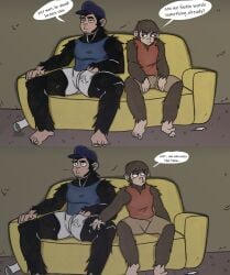 2boys chimptopia closed_mouth clothed clothed_male clothing color comic couch dialogue english_text furry gay hat male male/male male_focus male_only monkey monkey_boy multiple_boys nolan_(chimptopia) open_eyes open_mouth robby_(chimptopia) sitting text twitter_link yaoi