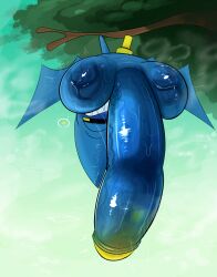 adorabat anthro bat bat_wings black_eyes blue_ears blue_fur blue_wings cartoon_network flashing flashing_penis gynomorph hanging_from_branch huge_penis humanoid_penis intersex mao_mao:_heroes_of_pure_heart ota_(artist) penis smile solo sweaty_penis tree upside_down veiny_penis wings yellow_sclera