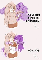 badeline belly bra bra_strap_is_showing_(meme) celeste_(game) dialogue duo embarrassed forced_exposure highres hips large_breasts madeline_(celeste) meme midriff nipple_bulge selfcest shirt_lift shocked shorts tongue_out
