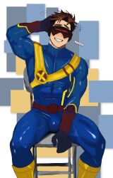 bara blue_bodysuit bodysuit boots bulge crotch_focus cyclops cyclops_(x-men) gay gay_male gloves hand_behind_head kovvvx latex looking_at_viewer male male_only marvel muscular muscular_legs scott_summers sitting smile solo tight_clothing visor x-men xmen yellow_belt