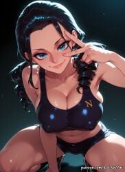 1girl 2026 ai_generated anime armpits bare_arms bare_shoulders black_background black_hair black_shorts black_socks blue_eyes boobs breasts cleavage closed_mouth collarbone covered_nipples crop_top crossover drill_hair eye_contact eyelashes female female_focus fingernails forehead hand_up highres huge_breasts large_breasts lips long_hair looking_at_viewer midriff navel neutral_expression nico_robin nsfw one_piece patreon patreon_username pigtails rognezart shiny shiny_skin shoes short_shorts shorts skindentation smile smiling socks solo sports_bra spread_legs squatting stomach sweat sweaty thick_thighs thighs twintails v v_over_eye very_long_hair watermark web_address